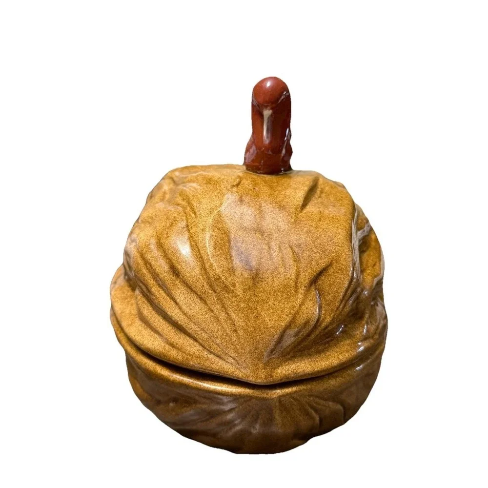Vintage Walnut Cookie Jar Trinket Box Squirrel Lid Brown Ceramic Nut Dish